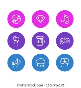 Vector illustration of 9 celebration icons line style. Editable set of game controller, dj music, diamond and other icon elements.