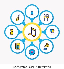 Vector illustration of 9 celebration icons colored line. Editable set of music note, balloons, guitar and other icon elements.