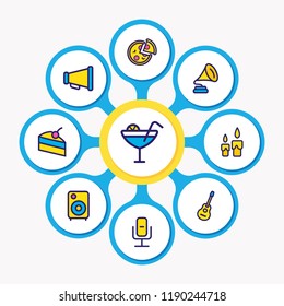 Vector illustration of 9 celebration icons colored line. Editable set of piece of cake, candles, gramophone icon elements.