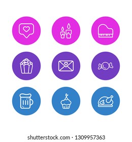 Vector illustration of 9 celebration icons line style. Editable set of piano, tag with heart, turkey and other icon elements.