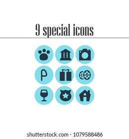 Vector illustration of 9 check-in icons. Editable set of academy, zoo, cinema and other icon elements.