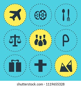 Vector illustration of 9 check-in icons. Editable set of bowling pins, mountain, religion and other icon elements.