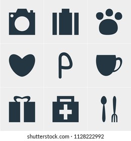 Vector illustration of 9 check-in icons. Editable set of restaurant, cafe, pharmacy and other icon elements.