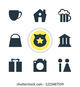 Vector illustration of 9 check-in icons. Editable set of shopping bag, camera, academy and other icon elements.