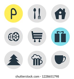Vector illustration of 9 check-in icons. Editable set of house, restaurant, parking sign and other icon elements.