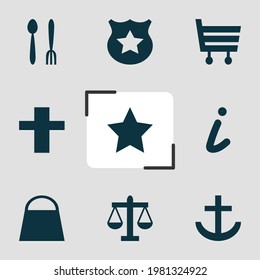 Vector illustration of 9 check-in icons. Editable set of religion, police, harbor and other icon elements.