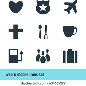 Vector Illustration Of 9 Check-In Icons. Editable Pack Of Skittles, Heart, Briefcase And Other Elements.