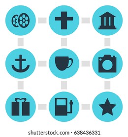 Vector Illustration Of 9 Check-In Icons. Editable Pack Of Coffee Shop, Photo Device, Cross And Other Elements.
