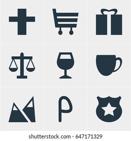 Vector Illustration Of 9 Check-In Icons. Editable Pack Of Coffee Shop, Present, Cross And Other Elements.