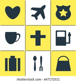Vector Illustration Of 9 Check-In Icons. Editable Pack Of Cafe, Coffee Shop, Cop And Other Elements.