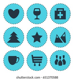 Vector Illustration Of 9 Check-In Icons. Editable Pack Of Skittles, Jungle, Wineglass And Other Elements.