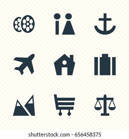 Vector Illustration Of 9 Check-In Icons. Editable Pack Of Landscape, Anchor, Home Elements.