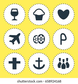 Vector Illustration Of 9 Check-In Icons. Editable Pack Of Cake, Aircraft, Film And Other Elements.