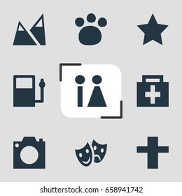 Vector Illustration Of 9 Check-In Icons. Editable Pack Of Refueling, Cross, Photo Device And Other Elements.