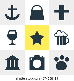 Vector Illustration Of 9 Check-In Icons. Editable Pack Of University, Photo Device, Cross And Other Elements.
