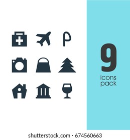 Vector Illustration Of 9 Check-In Icons. Editable Pack Of Wineglass, Handbag, University Elements.