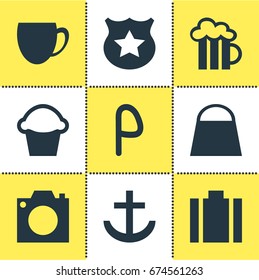 Vector Illustration Of 9 Check-In Icons. Editable Pack Of Handbag, Anchor, Photo Device Elements.