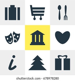 Vector Illustration Of 9 Check-In Icons. Editable Pack Of Masks, Shopping Cart, Present And Other Elements.