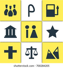 Vector Illustration Of 9 Check-In Icons. Editable Pack Of Toilet, Car Park, Cross And Other Elements.