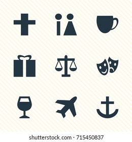 Vector Illustration Of 9 Check-In Icons. Editable Pack Of Masks, Present, Scales And Other Elements.