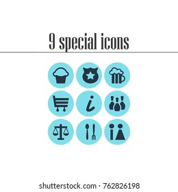 Vector Illustration Of 9 Check-In Icons. Editable Set Of Map Information, Cop, Scales And Other Elements.