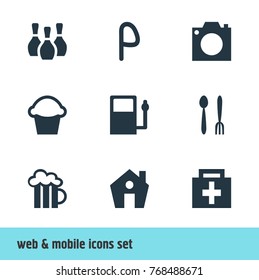 Vector Illustration Of 9 Check-In Icons. Editable Set Of Photo Device, Cafe, Cake And Other Elements.