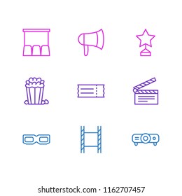 Vector illustration of 9 cinema icons line style. Editable set of ticket, cinema reel, popcorn and other icon elements.