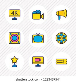 Vector illustration of 9 cinema icons colored line. Editable set of loudspeaker, movie reel, video camera and other icon elements.