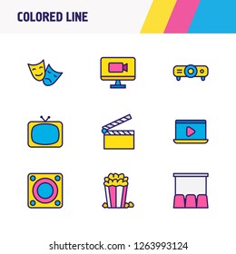 Vector illustration of 9 cinema icons colored line. Editable set of loudspeaker, popcorn, comedy with tragedy and other icon elements.