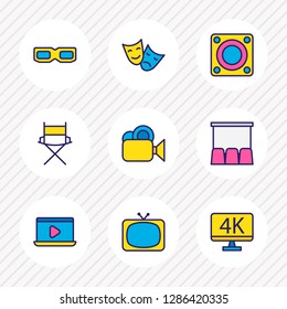 Vector illustration of 9 cinema icons colored line. Editable set of loudspeaker, 3d glasses, cinema and other icon elements.