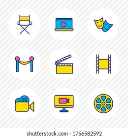 Ilustración vectorial de 9 íconos de cine de línea coloreada. Conjunto editable de películas en laptop, comedia con tragedia, películas en línea y otros elementos de iconos.