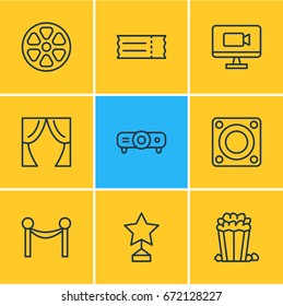Vector Illustration Of 9 Cinema Icons. Editable Pack Of Television, Reward, Cinema Fence And Other Elements.