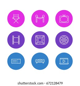 Vector Illustration Of 9 Cinema Icons. Editable Pack Of Movie Reel, Cinema Fence, Tv And Other Elements.