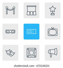 Vector Illustration Of 9 Cinema Icons. Editable Pack Of Cinema Fence, Megaphone, Tv And Other Elements.