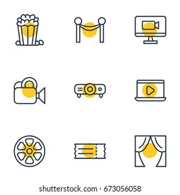 Vector Illustration Of 9 Cinema Icons. Editable Pack Of Television, Slideshow, Coupon And Other Elements.