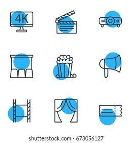 Vector Illustration Of 9 Cinema Icons. Editable Pack Of Theater, Slideshow, Resolution And Other Elements.