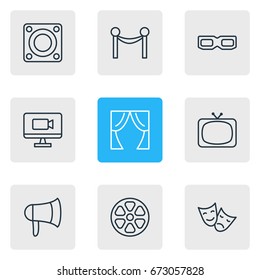 Vector Illustration Of 9 Cinema Icons. Editable Pack Of Movie Reel, Tv, Theater And Other Elements.