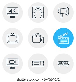 Vector Illustration Of 9 Cinema Icons. Editable Pack Of Megaphone, Camera, Resolution And Other Elements.