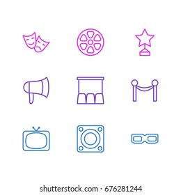 Vector Illustration Of 9 Cinema Icons. Editable Pack Of Reward, Tv, Megaphone And Other Elements.