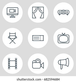 Vector Illustration Of 9 Cinema Icons. Editable Pack Of Megaphone, Theater, Shooting Seat And Other Elements.