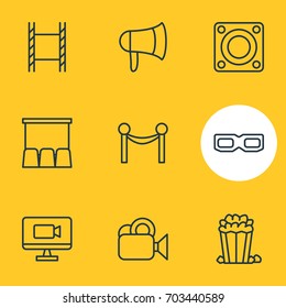 Vector Illustration Of 9 Cinema Icons. Editable Pack Of Loudspeaker, Hall, Cinema Fence And Other Elements.