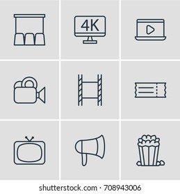 Vector Illustration Of 9 Cinema Icons. Editable Pack Of Camera, Megaphone, Coupon And Other Elements.