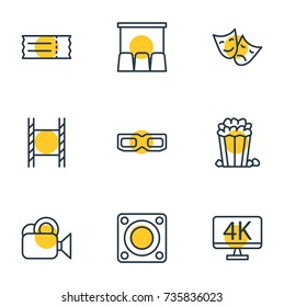 Vector Illustration Of 9 Cinema Icons. Editable Pack Of Filmstrip, Spectacles, Hall And Other Elements.