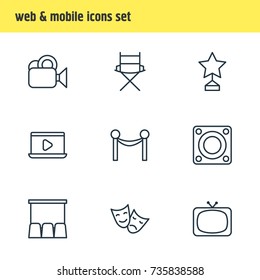 Vector Illustration Of 9 Cinema Icons. Editable Pack Of Camera, Reward, Hall And Other Elements.