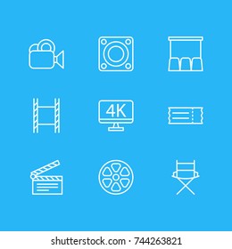 Vector Illustration Of 9 Cinema Icons. Editable Pack Of Clapper, Coupon, Filmstrip And Other Elements.