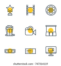 Vector Illustration Of 9 Cinema Icons. Editable Pack Of Spectacles, Camera, Reward And Other Elements.