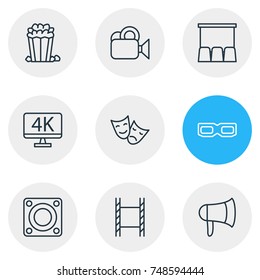 Vector Illustration Of 9 Cinema Icons. Editable Pack Of Snack, Loudspeaker, Filmstrip And Other Elements.