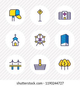 Vector illustration of 9 city icons colored line. Editable set of carousel, hospital, tree and other icon elements.