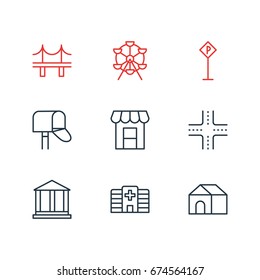 Vector Illustration Of 9 City Icons. Editable Pack Of Awning, Ferris Wheel, Mail Box And Other Elements.