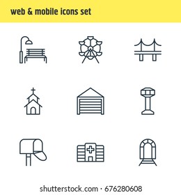 Vector Illustration Of 9 City Icons. Editable Pack Of Bench, Mail Box, Building And Other Elements.